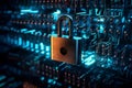 padlock on electronic circuit design background, glowing electronic lock, computer network and cybersecurity. Royalty Free Stock Photo