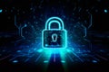 padlock on electronic circuit design background, glowing electronic lock, computer network and cybersecurity Royalty Free Stock Photo