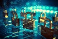 padlock on electronic circuit design background, glowing electronic lock, computer network and cybersecurity Royalty Free Stock Photo