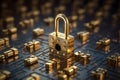 padlock on electronic circuit design background, glowing electronic lock, computer network and cybersecurity Royalty Free Stock Photo