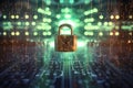 padlock on electronic circuit design background, glowing electronic lock, computer network and cybersecurity Royalty Free Stock Photo