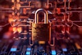 padlock on electronic circuit design background, glowing electronic lock, computer network and cybersecurity Royalty Free Stock Photo