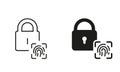 Padlock and Finger Print Biometric Identification Line and Silhouette Icon Set. Unique Thumbprint, Safety Privacy Symbol