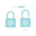 Padlock with fingerprint touch ID. Lock and unlock. Concept password, blocking, security.