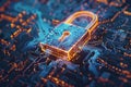 Padlock glowing with internet security symbolism on top of circuit board design Royalty Free Stock Photo