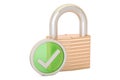 Padlock with green check mark, security payment concept. 3D rend