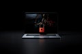 Padlock hanging on the screen of open laptop on black background with copy space. Cyber security concept. AI generated Royalty Free Stock Photo