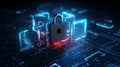 A padlock and hi tech digital background with red and blue neon glow light, symbolize data privacy and data security, Royalty Free Stock Photo