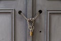 A padlock holding chains in a door/gate Royalty Free Stock Photo