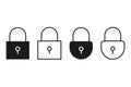 Padlock Icon In Black. Safety And Privacy Set.  Protection And Security Emblem. Isolated Secure Lock Sign. Square And Round