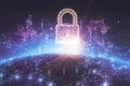 Padlock icon with blur earth with digital network connection background. Royalty Free Stock Photo