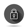 Padlock Icon In Flat Style. Lock Vector Illustration On Black Round Background With Long Shadow Effect. Private Circle Button