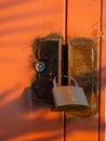 Padlock on iron cabinet. Locked up. The concept of a safe place. Valuables are safe