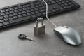 Padlock with key and computer mouse with keyboard on the table. Cyber security concept Royalty Free Stock Photo
