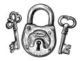 Padlock and keyhole. Closed lock with key. Hand drawn sketch vintage vector illustration Royalty Free Stock Photo