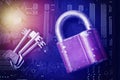 Padlock with keys on computer motherboard. Internet data privacy information security encryption algorithm concept. Blue toned ima Royalty Free Stock Photo