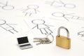 Padlock, keys, miniature laptop and many people on white background. Royalty Free Stock Photo