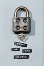 Padlock with label sorry we are closed isolated on gray background