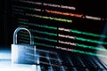 Padlock on laptop with a programming language. Internet data privacy information security concept. Antivirus and malware defense