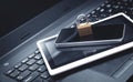 Padlock with laptop, smartphone and tablet. Internet and technology security Royalty Free Stock Photo