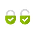 Padlock or lock icon open and closed flat vector isolated symbol, unlocked and locked padlocks with checkmarks as