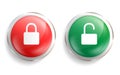 Padlock lock and unlock icons on green and red button. Open and closed symbol in round badge. Isolated emblems Royalty Free Stock Photo