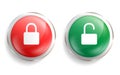 Padlock lock and unlock icons on green and red button. Open and closed symbol in round badge. Isolated emblems on white background Royalty Free Stock Photo