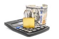 Padlock with money and calculator on white
