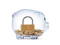 Padlock on money inside transparent piggy bank Royalty Free Stock Photo