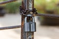 A padlock of the old style on the gate.