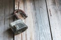 Padlock on old wooden barn door. Place for text Royalty Free Stock Photo
