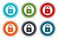 Padlock open icon flat vector illustration design round buttons collection 6 concept colorful frame simple circle set Royalty Free Stock Photo