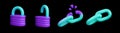 Padlock, open lock, chain and weakness chain link 3d vector icon set on black background. Protection, safety, encryption