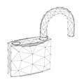 Padlock with open shackle, symbol of vulnerability of data protection, from abstract futuristic polygonal black lines and dots.