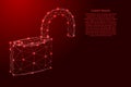 Padlock with open shackle, symbol of vulnerability of data protection, from futuristic polygonal red lines and glowing stars for