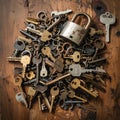 Padlock and a Pile of Assorted Keys on a Wooden Table Royalty Free Stock Photo