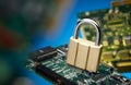 Padlock and printed circuit board Royalty Free Stock Photo