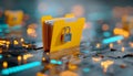 Padlock protects data folder on tech circuit board. Yellow folder stores secure confidential information. Digital safety Royalty Free Stock Photo
