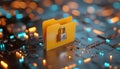 Padlock protects data folder on tech circuit board. Yellow folder stores secure confidential information. Digital safety Royalty Free Stock Photo