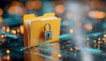 Padlock protects data folder on tech circuit board. Yellow folder stores secure confidential information. Digital safety Royalty Free Stock Photo