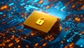 Padlock protects data folder on tech circuit board. Yellow folder stores secure confidential information. Digital safety Royalty Free Stock Photo