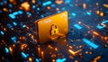 Padlock protects data folder on tech circuit board. Yellow folder stores secure confidential information. Digital safety Royalty Free Stock Photo