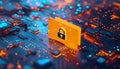 Padlock protects data folder on tech circuit board. Yellow folder stores secure confidential information. Digital safety Royalty Free Stock Photo