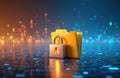 Padlock protects data folder on tech circuit board. Yellow folder stores secure confidential information. Digital safety cyber Royalty Free Stock Photo