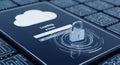 Padlock Security on Cloud Computing with Data Uploading Process in Dark Blue Theme, Close-up Cyber Security Concept on Royalty Free Stock Photo