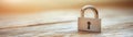 Padlock on rustic wooden table, a closeup depiction of security and privacy closeup Royalty Free Stock Photo