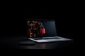 Padlock on the screen of open laptop on black background with copy space. Cyber security concept. AI generated Royalty Free Stock Photo
