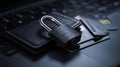 The padlock securing a wallet and cards on a laptop keyboard AI generated image Royalty Free Stock Photo