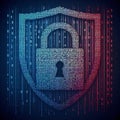 Padlock shield with binary code in blue-red tones concept of cyber security