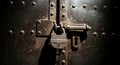 Ancient Rusty Padlock Securing a Heavy Metal Door with Rivets and a Bolt Royalty Free Stock Photo